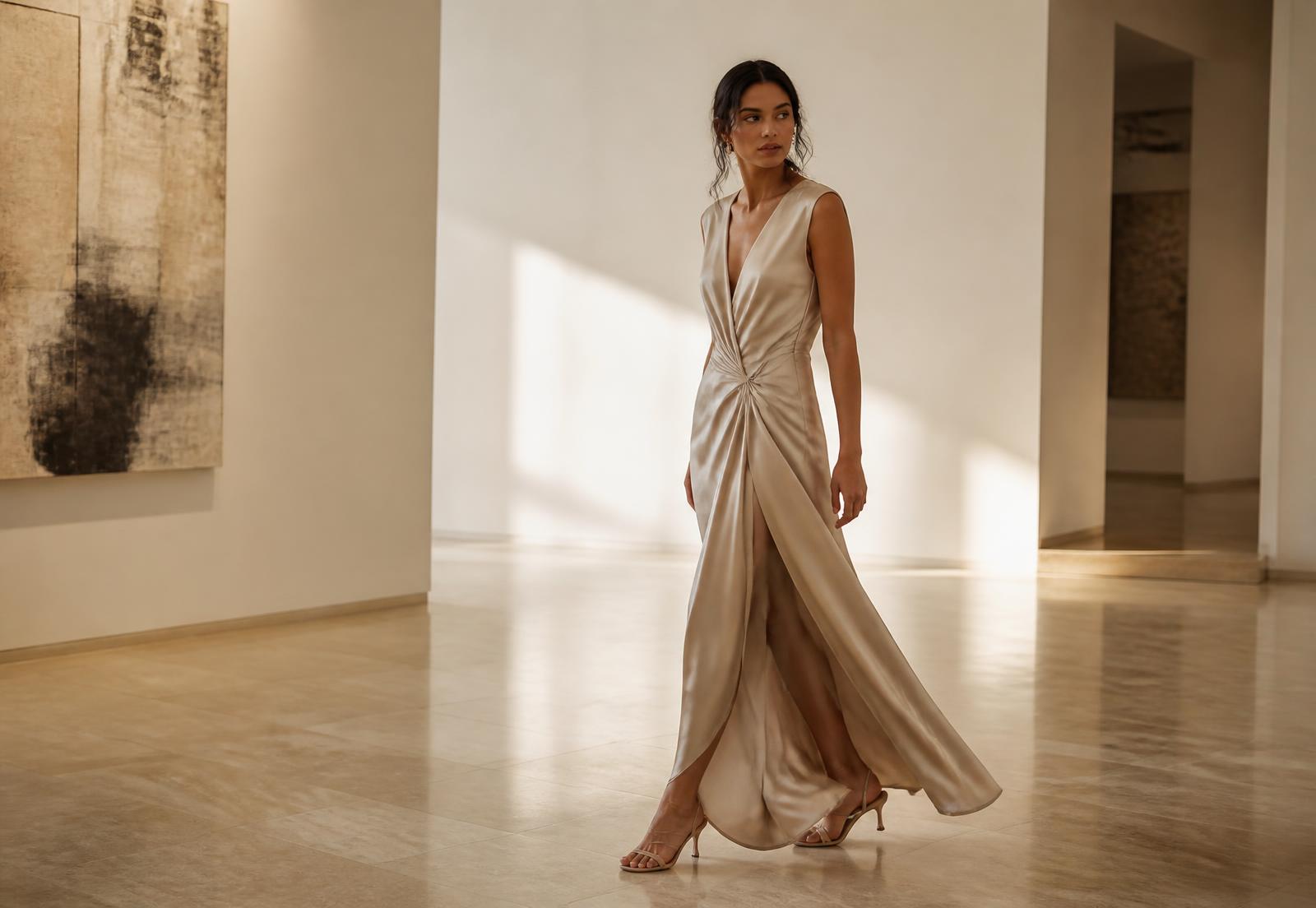 Model in a flowing satin gown walking through a sunlit gallery